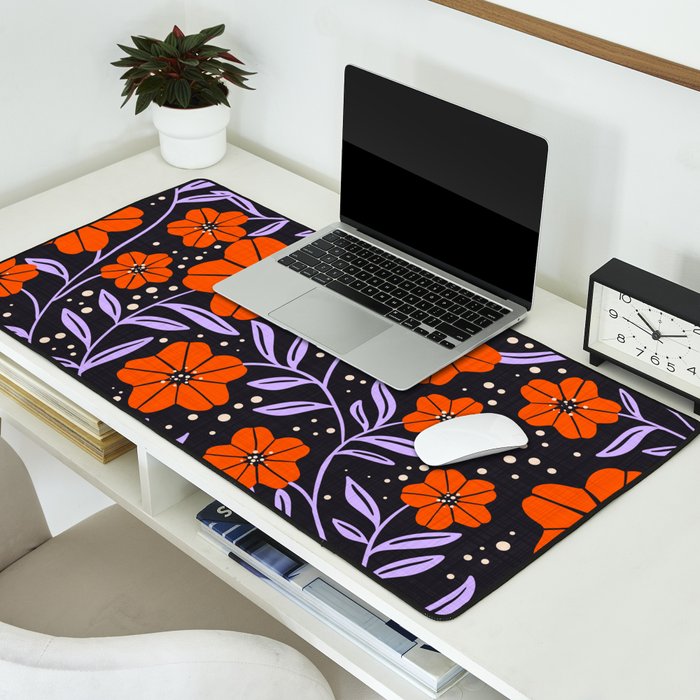 Floral Vine Tangerine Orange, Lavender Purple, Deep Purple, Modern Boho Home Decor Desk Mat Gallery Image 2