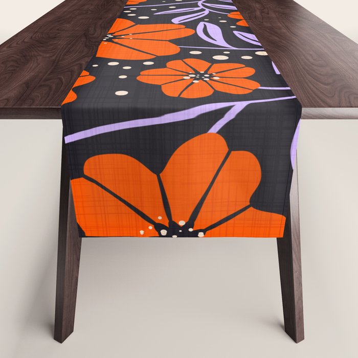 Floral Vine Tangerine Orange, Lavender Purple, Deep Purple, Modern Boho Home Decor Table Runner Gallery Image 1