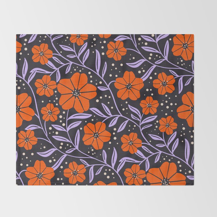 Floral Vine Tangerine Orange, Lavender Purple, Deep Purple, Modern Boho Home Decor Throw Blanket Gallery Image 2