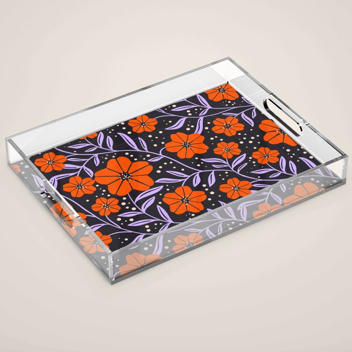 Floral Vine Tangerine Orange, Lavender Purple, Deep Purple, Modern Boho Home Decor Acrylic Tray Gallery Image 1