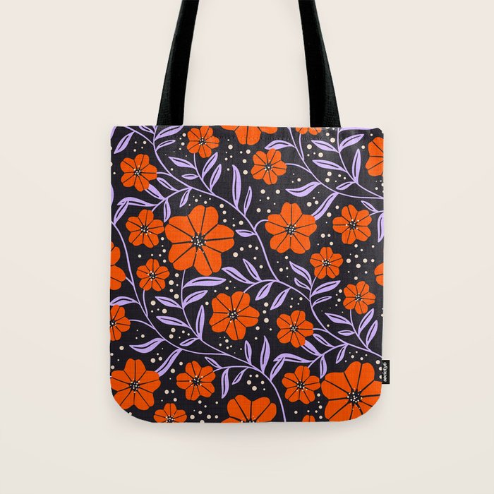 Floral Vine Tangerine Orange, Lavender Purple, Deep Purple, Modern Boho Home Decor Tote Bag Gallery Image 1