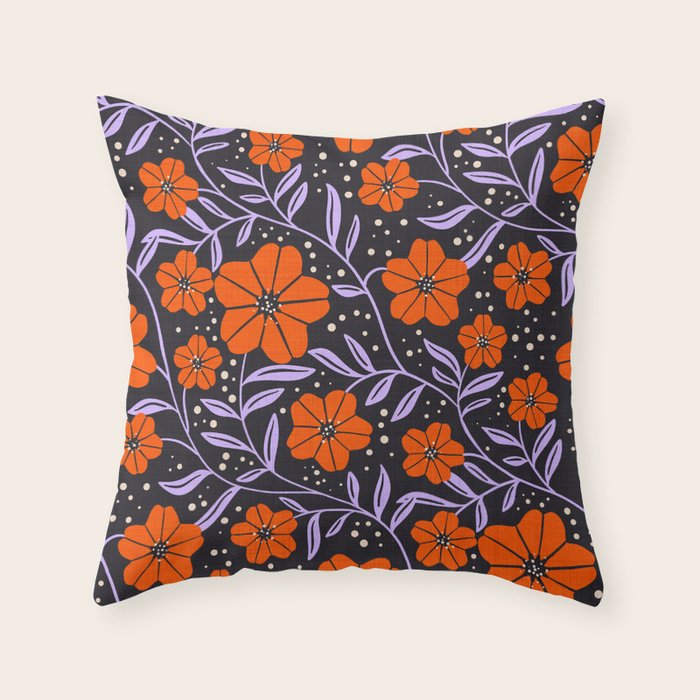 Floral Vine Tangerine Orange, Lavender Purple, Deep Purple, Modern Boho Home Decor Throw Pillow Gallery Image 1