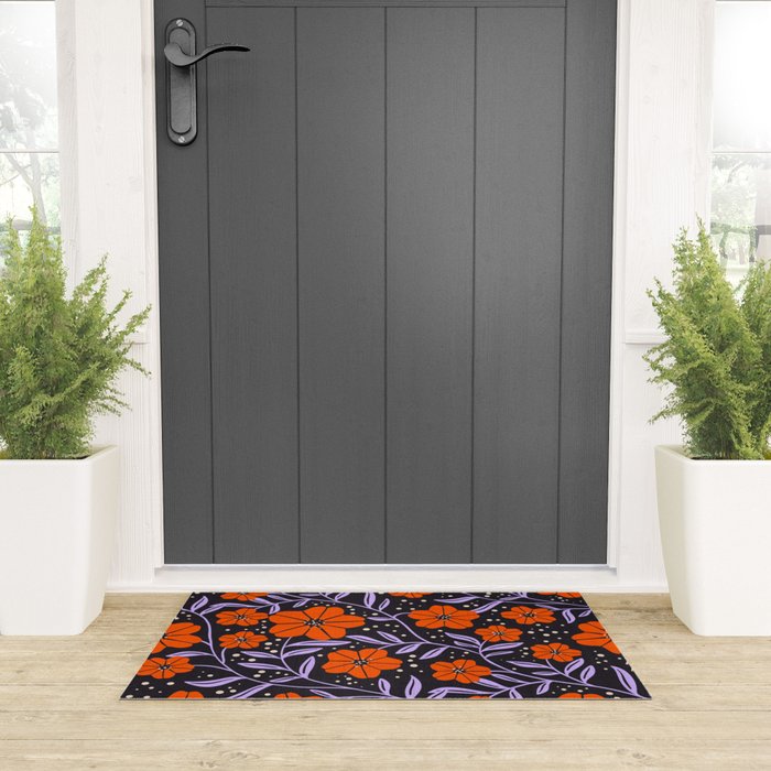 Floral Vine Tangerine Orange, Lavender Purple, Deep Purple, Modern Boho Home Decor Welcome Mat Gallery Image 3