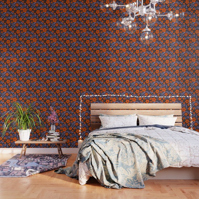 Floral Vine Tangerine Orange, Lavender Purple, Deep Purple, Modern Boho Home Decor Wallpaper Gallery Image 3