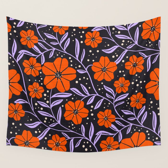 Floral Vine Tangerine Orange, Lavender Purple, Deep Purple, Modern Boho Home Decor Wall Tapestry Gallery Image 4