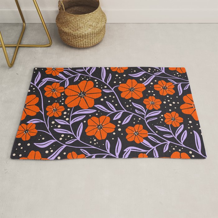 Floral Vine Tangerine Orange, Lavender Purple, Deep Purple, Modern Boho Home Decor Rug Gallery Image 1