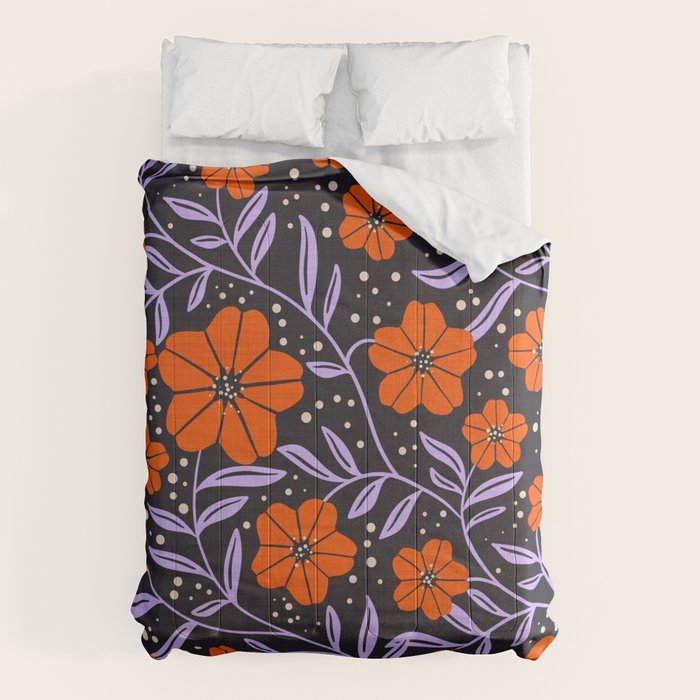 Floral Vine Tangerine Orange, Lavender Purple, Deep Purple, Modern Boho Home Decor Comforter Gallery Image 6