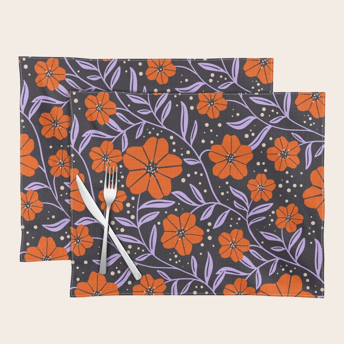Floral Vine Tangerine Orange, Lavender Purple, Deep Purple, Modern Boho Home Decor Placemat Gallery Image 1