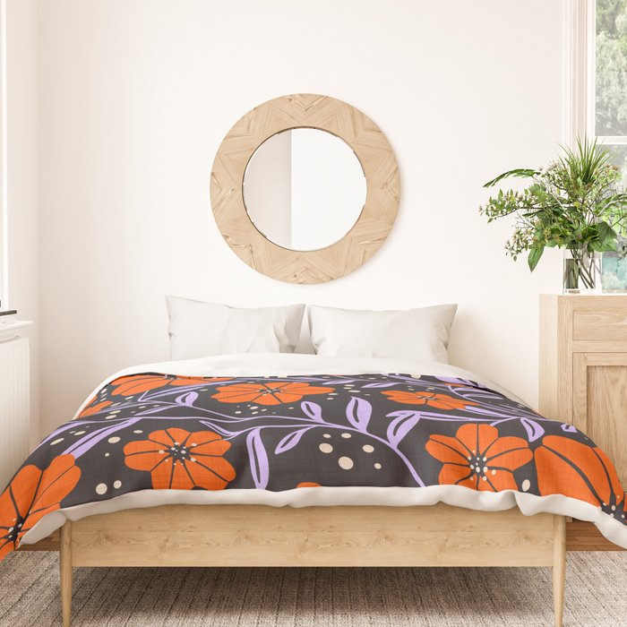 Floral Vine Tangerine Orange, Lavender Purple, Deep Purple, Modern Boho Home Decor Duvet Cover Gallery Image 3