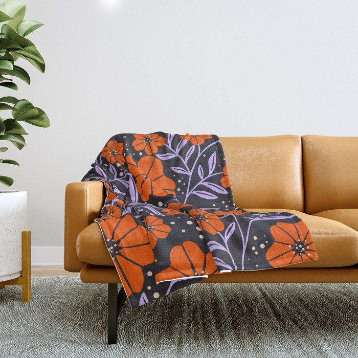 Floral Vine Tangerine Orange, Lavender Purple, Deep Purple, Modern Boho Home Decor Throw Blanket Gallery Image 1