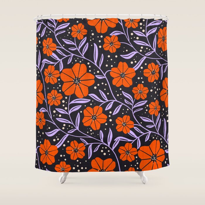 Floral Vine Tangerine Orange, Lavender Purple, Deep Purple, Modern Boho Home Decor Shower Curtain Gallery Image 1