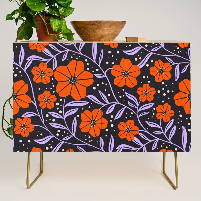 Floral Vine Tangerine Orange, Lavender Purple, Deep Purple, Modern Boho Home Decor Credenza Gallery Image 1