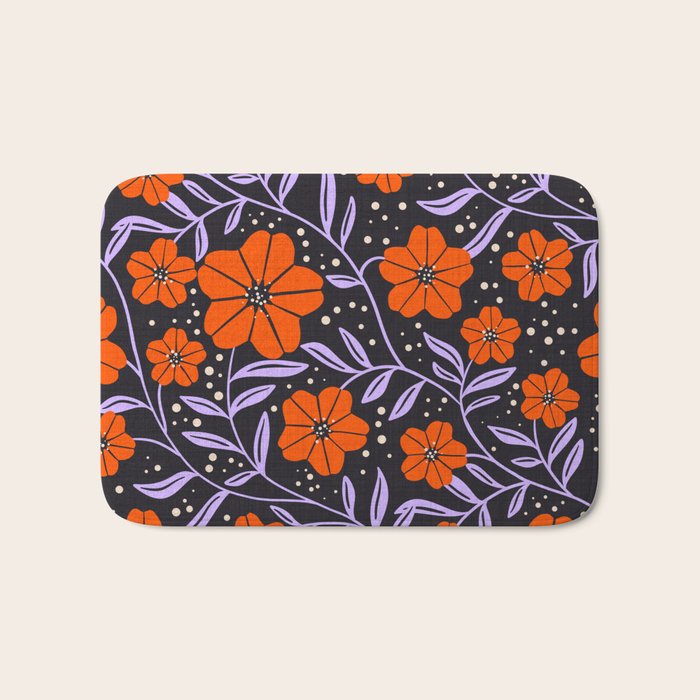 Floral Vine Tangerine Orange, Lavender Purple, Deep Purple, Modern Boho Home Decor Bath Mat Gallery Image 1
