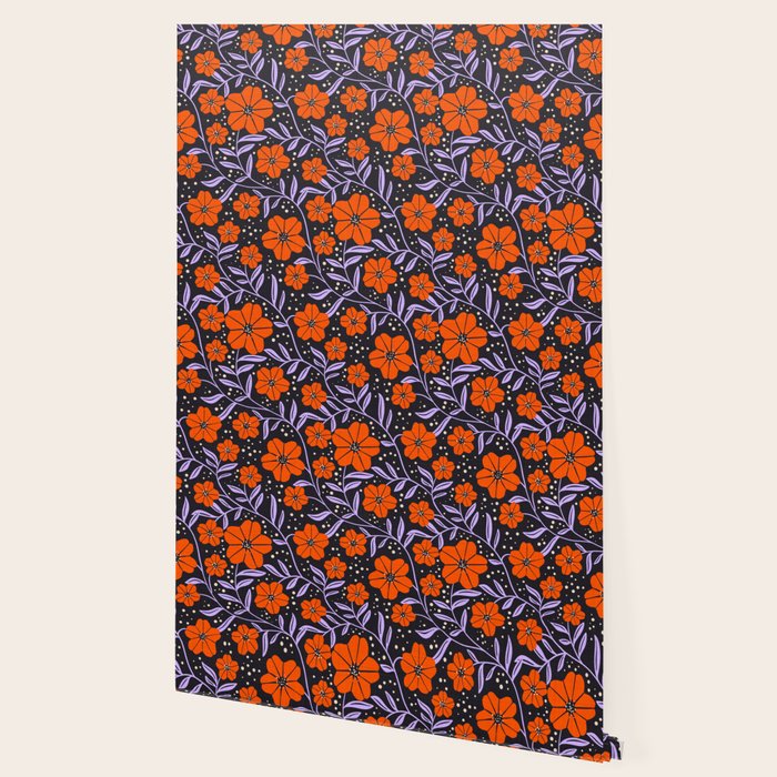 Floral Vine Tangerine Orange, Lavender Purple, Deep Purple, Modern Boho Home Decor Wallpaper Gallery Image 2