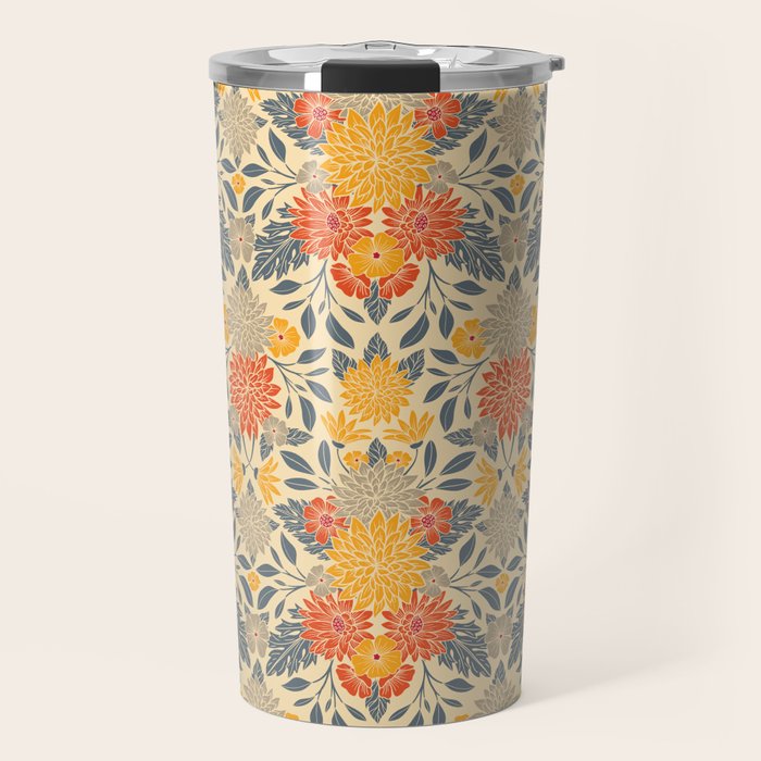 Warm Yellow, Orange & Blue Floral Travel Mug Gallery Image 1