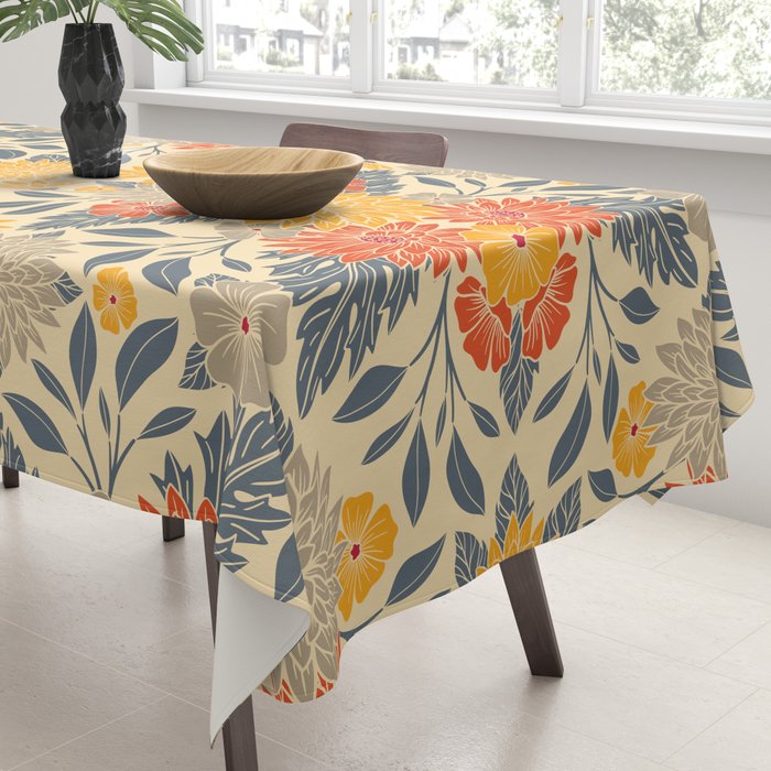 Warm Yellow, Orange & Blue Floral Tablecloth Gallery Image 3