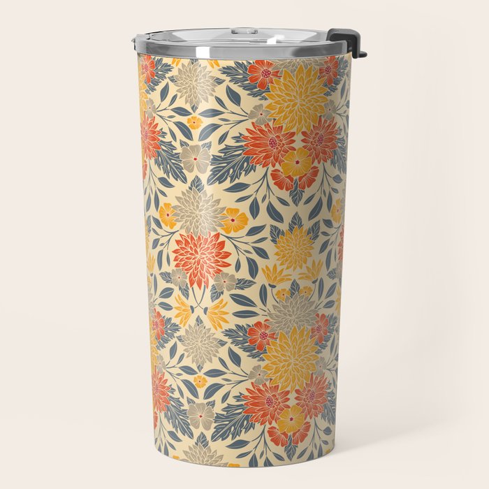 Warm Yellow, Orange & Blue Floral Travel Mug Gallery Image 2