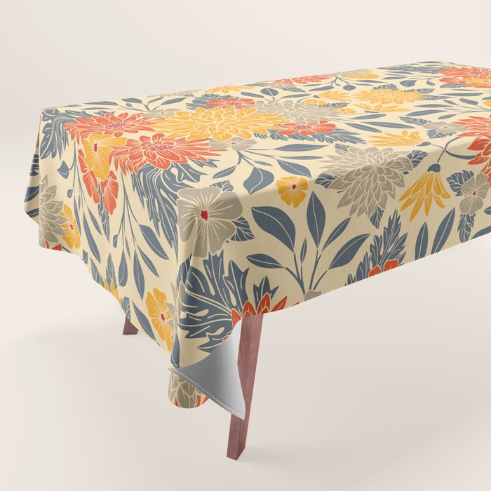 Warm Yellow, Orange & Blue Floral Tablecloth Gallery Image 1
