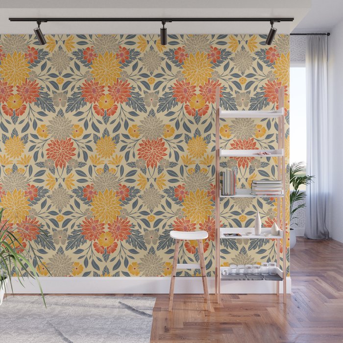Warm Yellow, Orange & Blue Floral Wall Mural Gallery Image 1