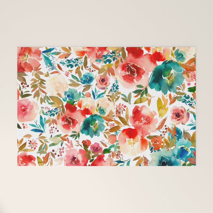 Red Turquoise Teal Floral Watercolor Welcome Mat Gallery Image 1