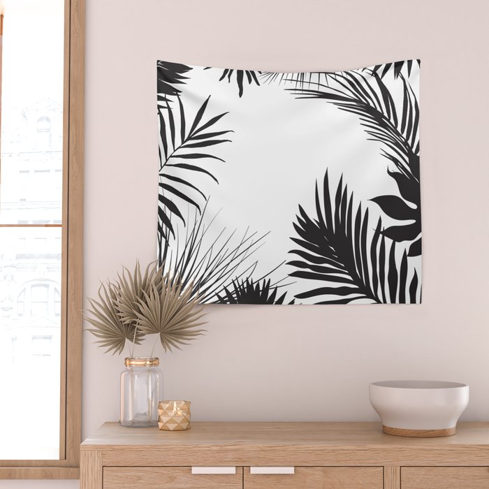 Black And White Palm Leaves Wall Tapestry Gallery Image 2