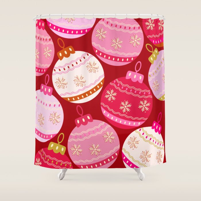 Pink Christmas Decorations Retro Baubles Shower Curtain Gallery Image 1