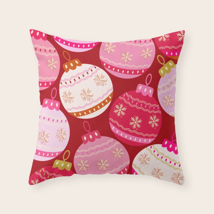 Pink Christmas Decorations Retro Baubles Throw Pillow Gallery Image 1