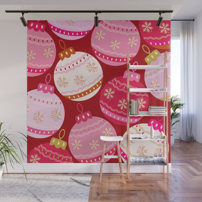 Pink Christmas Decorations Retro Baubles Wall Mural Gallery Image 1