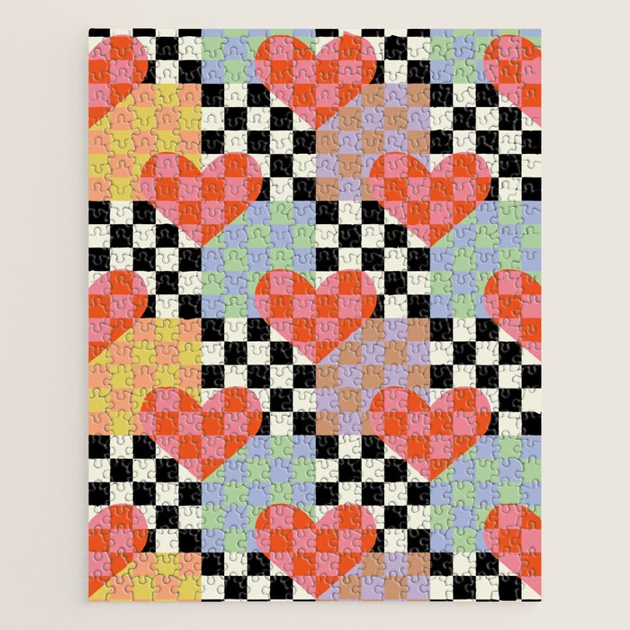 Retro love heart checkered pattern Jigsaw Puzzle Gallery Image 1