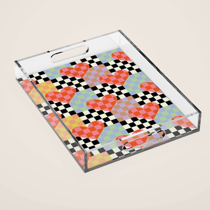 Retro love heart checkered pattern Acrylic Tray Gallery Image 1
