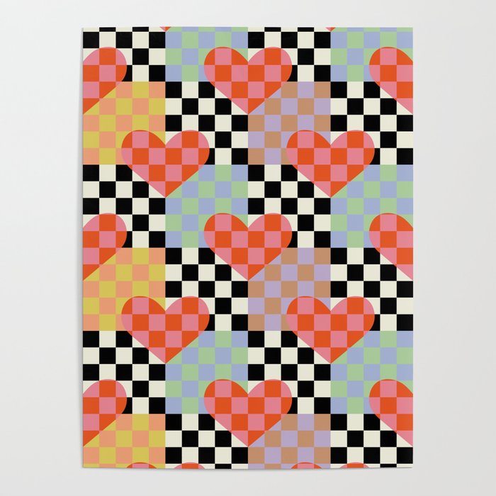 Retro love heart checkered pattern Poster Gallery Image 1