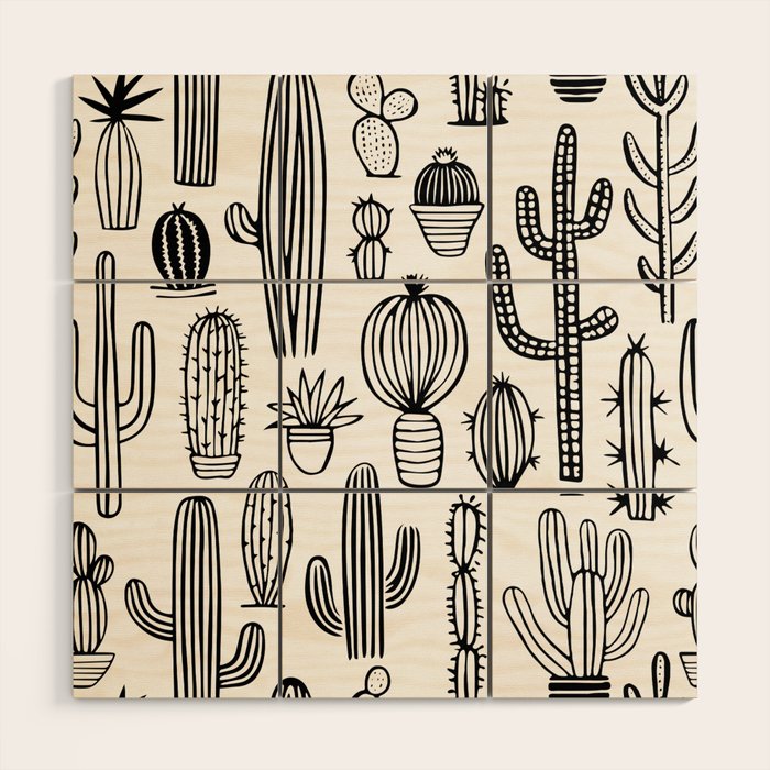 Cactus plant doodle art pattern Wood Wall Art Gallery Image 1