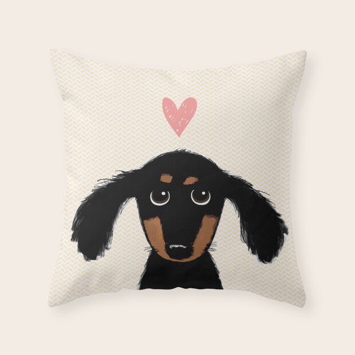 Dachshund Love | Cute Longhaired Black and Tan Wiener Dog Throw Pillow Gallery Image 6
