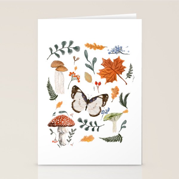 Whimsical Autumn Butterfly with Mushrooms and Leaves Stationery Card Gallery Image 1