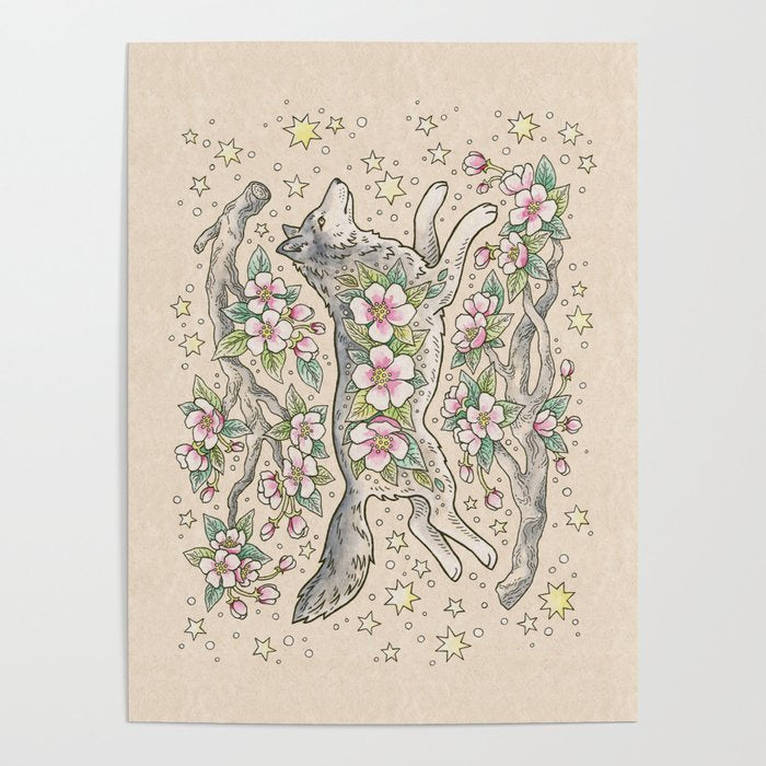 Wolf & Wild Apple Blossoms | Botanical Animal Art Poster Gallery Image 4