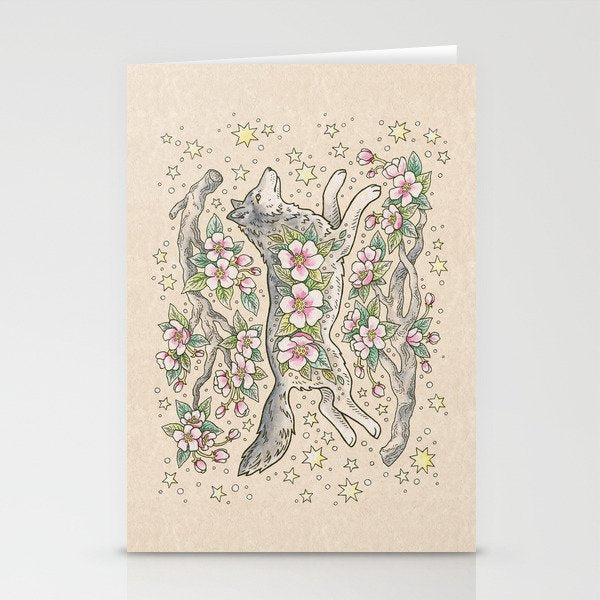 Wolf & Wild Apple Blossoms | Botanical Animal Art Stationery Card Gallery Image 1