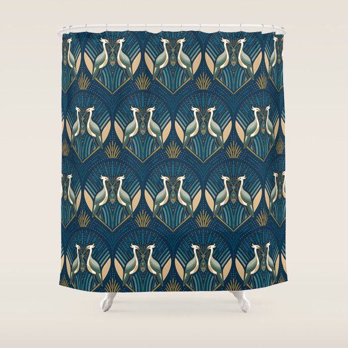 Art Deco Herons - Blue Shower Curtain