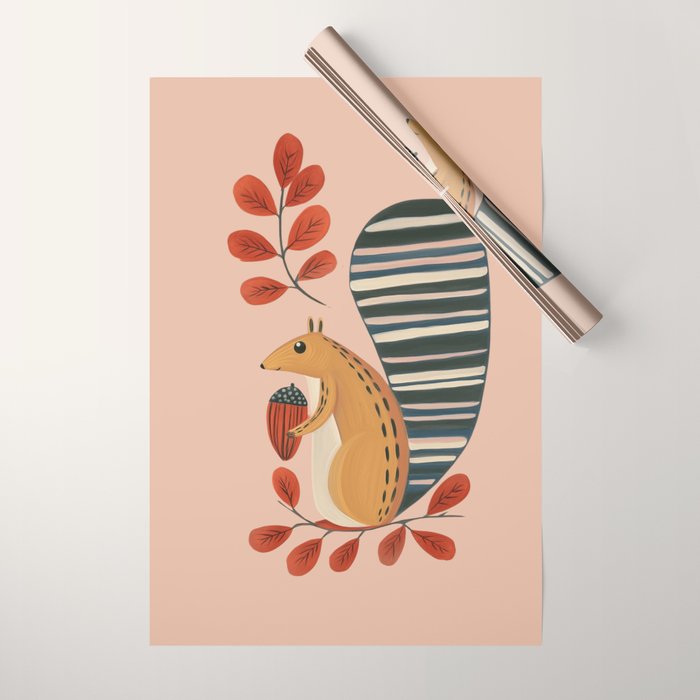Squirrel in a Pink Autumn Wrapping Paper Gallery Image 1