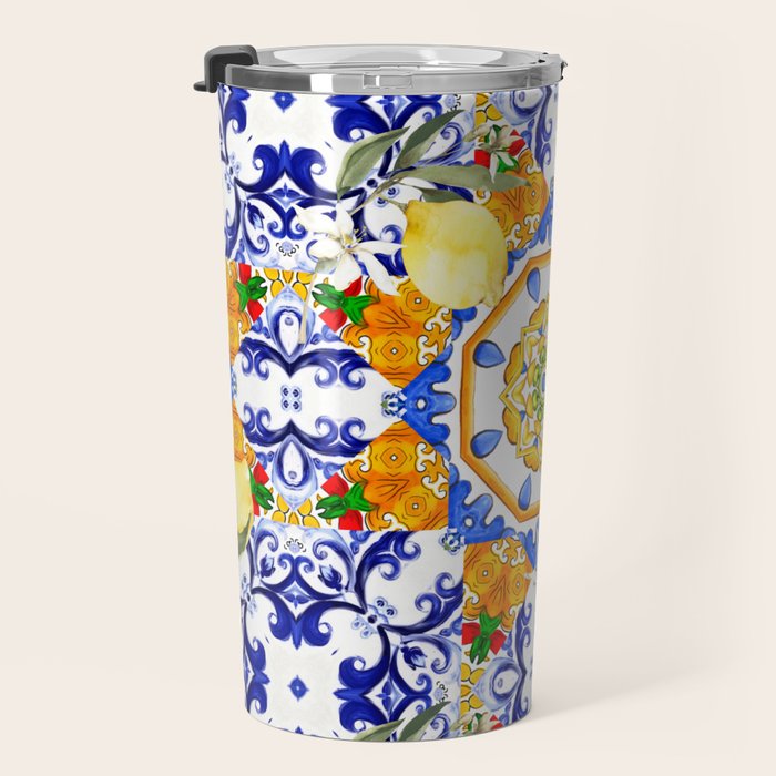 Summer,citrus,mosaic,lemon fruit,Mediterranean art Travel Mug Gallery Image 3