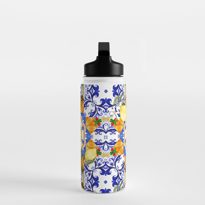 Summer,citrus,mosaic,lemon fruit,Mediterranean art Water Bottle Gallery Image 3
