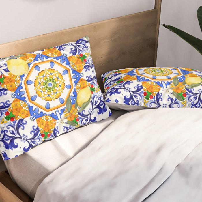 Summer,citrus,mosaic,lemon fruit,Mediterranean art Pillow Sham Gallery Image 2