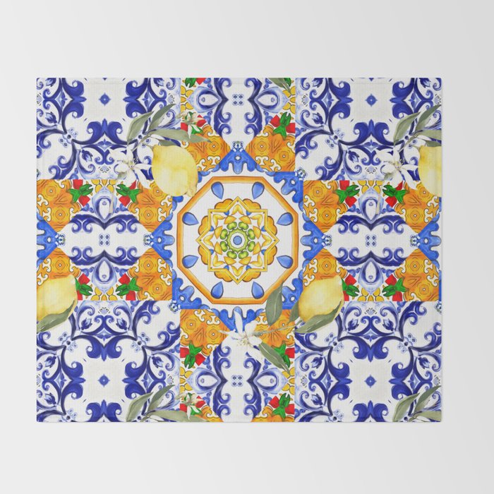 Summer,citrus,mosaic,lemon fruit,Mediterranean art Throw Blanket Gallery Image 2