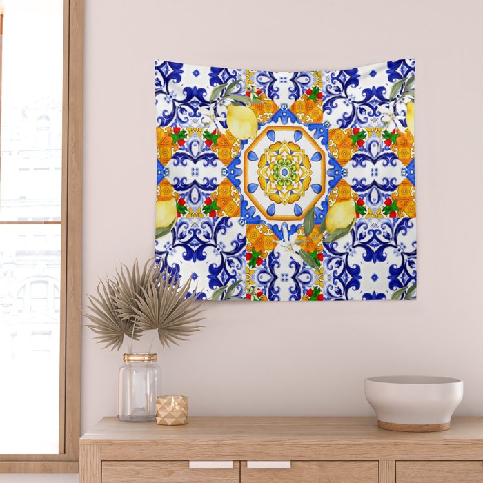 Summer,citrus,mosaic,lemon fruit,Mediterranean art Wall Tapestry Gallery Image 2