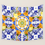 Summer,citrus,mosaic,lemon fruit,Mediterranean art Wall Tapestry Gallery Image 4