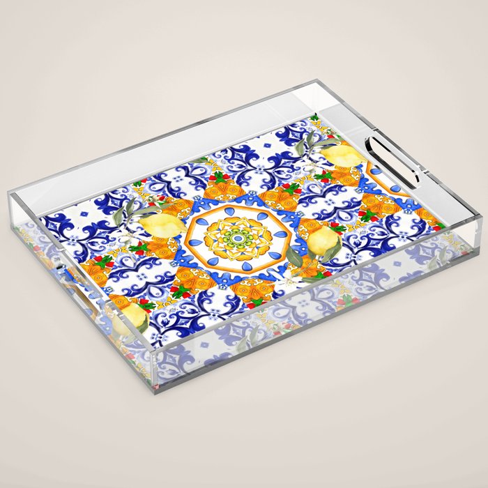 Summer,citrus,mosaic,lemon fruit,Mediterranean art Acrylic Tray Gallery Image 1