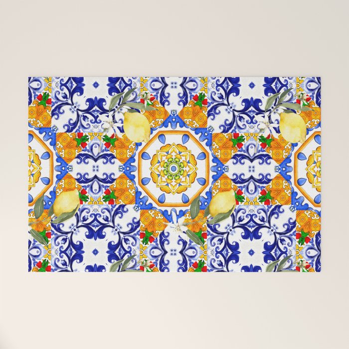 Summer,citrus,mosaic,lemon fruit,Mediterranean art Welcome Mat Gallery Image 1