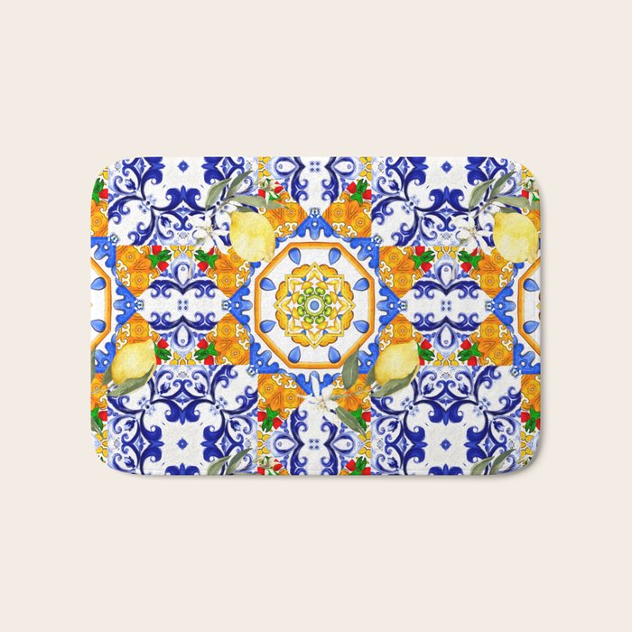 Summer,citrus,mosaic,lemon fruit,Mediterranean art Bath Mat Gallery Image 1