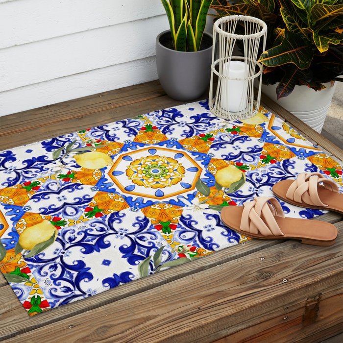 Summer,citrus,mosaic,lemon fruit,Mediterranean art Outdoor Rug Gallery Image 2