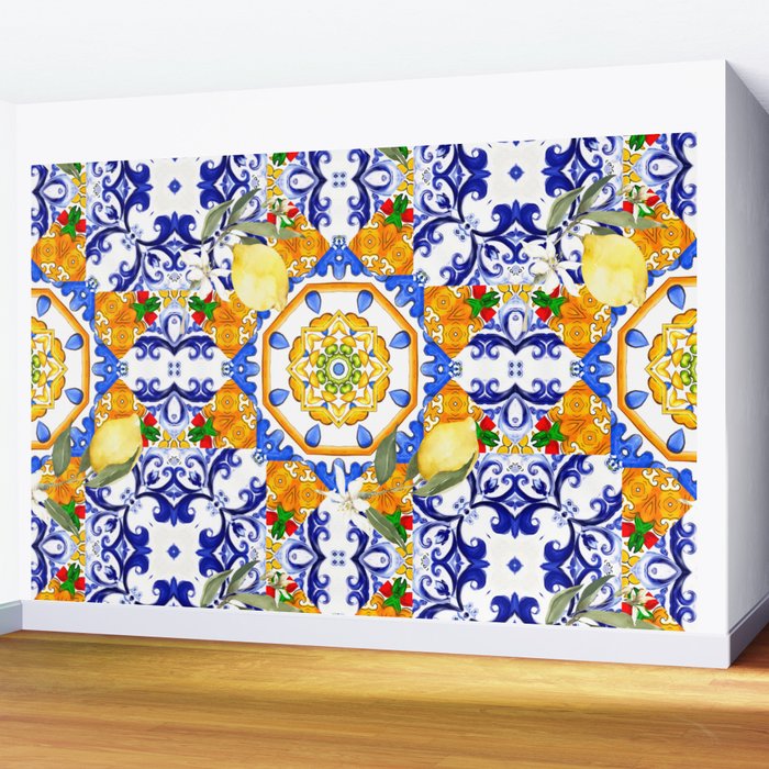 Summer,citrus,mosaic,lemon fruit,Mediterranean art Wall Mural Gallery Image 2