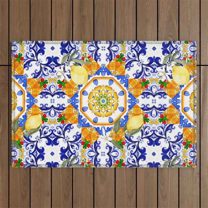 Summer,citrus,mosaic,lemon fruit,Mediterranean art Outdoor Rug Gallery Image 1